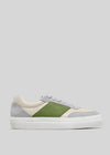 Side view of a modern low top sneaker with V27 Beige & Green panels, gray suede detailing, and a thick white sole.