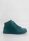 A pair of MH0086 Emerald Green Floater handcrafted in Portugal with textured leather, flat soles, and matching teal laces against a white background.