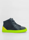 A pair of MH0098 Black W/ Lime high-top sneakers, handcrafted in Portugal, on a plain white background.
