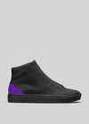 A black leather high-top sneaker with a purple heel accent, displayed against a plain grey background. MH00018 by Diogo.