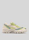 A single V20 Leather Color Mix Lime low top sneaker featuring pastel green, blue, and cream colors, displayed against a plain gray background.