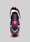 Top view of a modern low-top sneaker featuring red, white, and black colors with a visible brand label, "L0001 by Soraia", on a gray background.