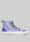 A TH0001 by Leandra high-top sneaker with a white toe cap and sole, featuring black laces and a distinct purple trim around the lower section, perfect as custom shoes for unique style.