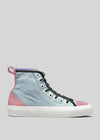 High-top canvas sneaker in pastel blue and pink colors with black laces, displayed against a grey background, TH0006 by Rita.