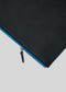 M Leather Pouch Black w/ Blue with a partially opened blue zipper on a white background, classified under leathergoods.