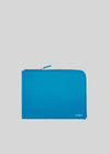 A bright blue M Leather Pouch zippered wallet with the brand name "ateveros" printed in lower case on the bottom right corner.