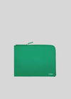 A bright green M Leather Pouch Green zippered wallet with the brand logo "etnies" in small white font on the bottom right corner, isolated on a white background.