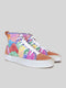 A pair of high-top sneakers featuring a colorful abstract design with white laces and a white rubber sole called The Smiles.