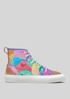High-top canvas sneaker featuring The Smiles with cartoonish eyes peeking out, white laces, and a tan sole.