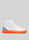 MH00017 by Miguel high-top leather sneaker with a bright orange sole and light blue heel accent, displayed against a grey background.