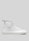 Start with a White Canvas high-top sneaker with a rubber sole and metal eyelets, displayed against a grey background.