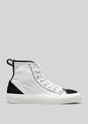 High-top canvas sneaker TH0010 by Letícia with white upper, black heel cap, and toe, displayed on a light gray background.