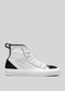 High-top canvas sneaker TH0010 by Letícia with white upper, black heel cap, and toe, displayed on a light gray background.