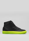 The V51 Black W/ Yellow high-top sneaker, crafted from premium Italian leather, boasts a striking yellow sole on a neutral base. Ethically made, it blends luxury with conscience for modern sneaker enthusiasts.
