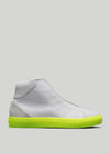 The V50 Grey W/ Yellow is a high-top sneaker, handcrafted in Portugal from premium leather, with a vibrant neon yellow sole set against a plain light gray background.