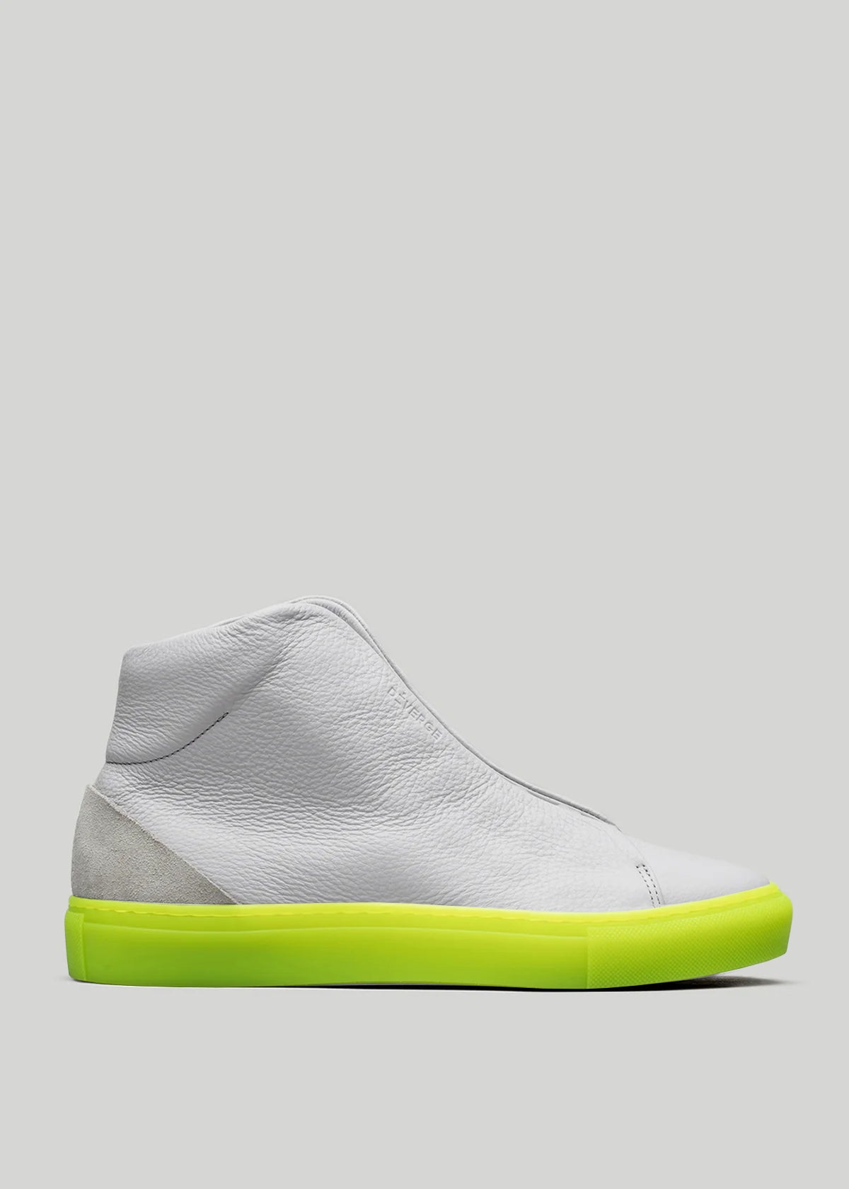 The V50 Grey W/ Yellow is a high-top sneaker, handcrafted in Portugal from premium leather, with a vibrant neon yellow sole set against a plain light gray background.