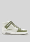 The V10 Off White W/ Pine is a high-top sneaker in white and sage green with gray laces, handcrafted in Portugal from premium Italian leathers, shown from the side against a plain light gray background.