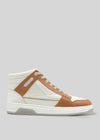 The V11 Off White W/ Saffron is a high-top sneaker handcrafted in Portugal from premium Italian leathers, featuring tan laces, panel detailing, and a rubber sole, shown on a plain gray background.