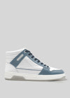 The V13 White W/ Lake Blue is a white and gray high-top sneaker with lake blue accents, handcrafted in Portugal from premium Italian leathers, and features dark laces. It’s shown on a plain light gray background.