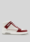 The V14 Off White W/ Red Wine is a white and red high-top sneaker, handcrafted in Portugal from premium Italian leather, featuring white laces and a rubber sole, shown on a plain gray background.