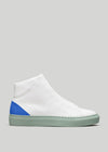 White MH0004 Genie high-top sneaker with a blue accent on the heel and a green rubber sole, displayed against a grey background.