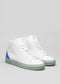 A pair of white leather high-top MH0004 Genie sneakers with a blue accent on the back and a light green sole, displayed against a gray background.