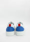 Two N0010 Vegan White & Grey low top sneakers with blue toe caps and red pull tabs, displayed against a white background.
