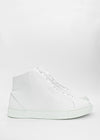 A pair of MH0058 White Leather high-top sneakers isolated on a white background.