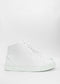 A pair of MH0058 White Leather high-top sneakers isolated on a white background.