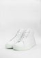 A pair of MH0058 White Leather high-top sneakers against a white background.