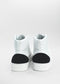A pair of MH0083 White W/ Blue custom high-top sneakers with black toe caps, positioned back-to-back on a plain white background.