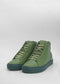 A pair of MH0082 Green leather high-top sneakers with matching laces on a white background.