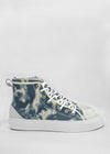 A single high-top sneaker with a TH0014 Tie-Dye Blue pattern and white laces on a plain background.