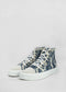 A pair of TH0014 Tie-Dye Blue high-top sneakers with white laces on a light gray background.