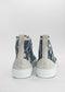 A pair of TH0014 Tie-Dye Blue high-top sneakers with white soles, viewed from the back.