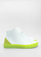 The MH0060 White W/ Lime sneakers feature premium Italian leather, white high-tops with neon green soles, and a vibrant green suede heel panel set against a plain white background.