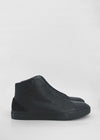 A pair of MH0080 Black leather high-top sneakers against a plain white background.