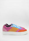 Colorful low-top sneaker with sections of N0015 Pink & Orange vegan suede, featuring white laces and a white sole against a plain background.