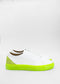 A pair of ML0036 White Leather W/ Yellow sneakers, handcrafted in Portugal, displayed against a plain white background.