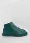 A pair of MH0065 Emerald Green Floater, leather high-top sneakers on a white background.