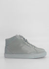 A side view of a single MH0093 Grey Leather high-top sneaker, handcrafted from premium Italian leather, with white laces and a white sole, set against a plain white background.