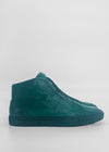 A pair of MH0091 Emerald Green Floater high-top sneakers with textured premium Italian leather surfaces and rubber soles, handcrafted in Portugal and ethically made to order, displayed against a plain white background.