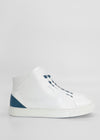 A MH0089 White Leather W/ Blue with blue accents and white laces, handcrafted in Portugal using premium Italian leathers, displayed on a plain white background.