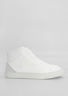 A single MH0085 White Floater made from premium Italian leathers with a textured surface is shown against a plain white background. The sneaker, ethically made to order and handcrafted in Portugal, features a thick white sole and minimalistic design.