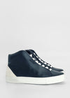 A pair of MH0102 Black Leather W/ White high-top sneakers with white soles, displayed against a plain background, handcrafted in Portugal using premium Italian leathers.