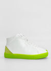 MH0100 White Leather / Lime high-top sneakers featuring bright green soles and heel accents, crafted from premium Italian leathers. Ethically made to order and handcrafted in Portugal, set against a plain white background.