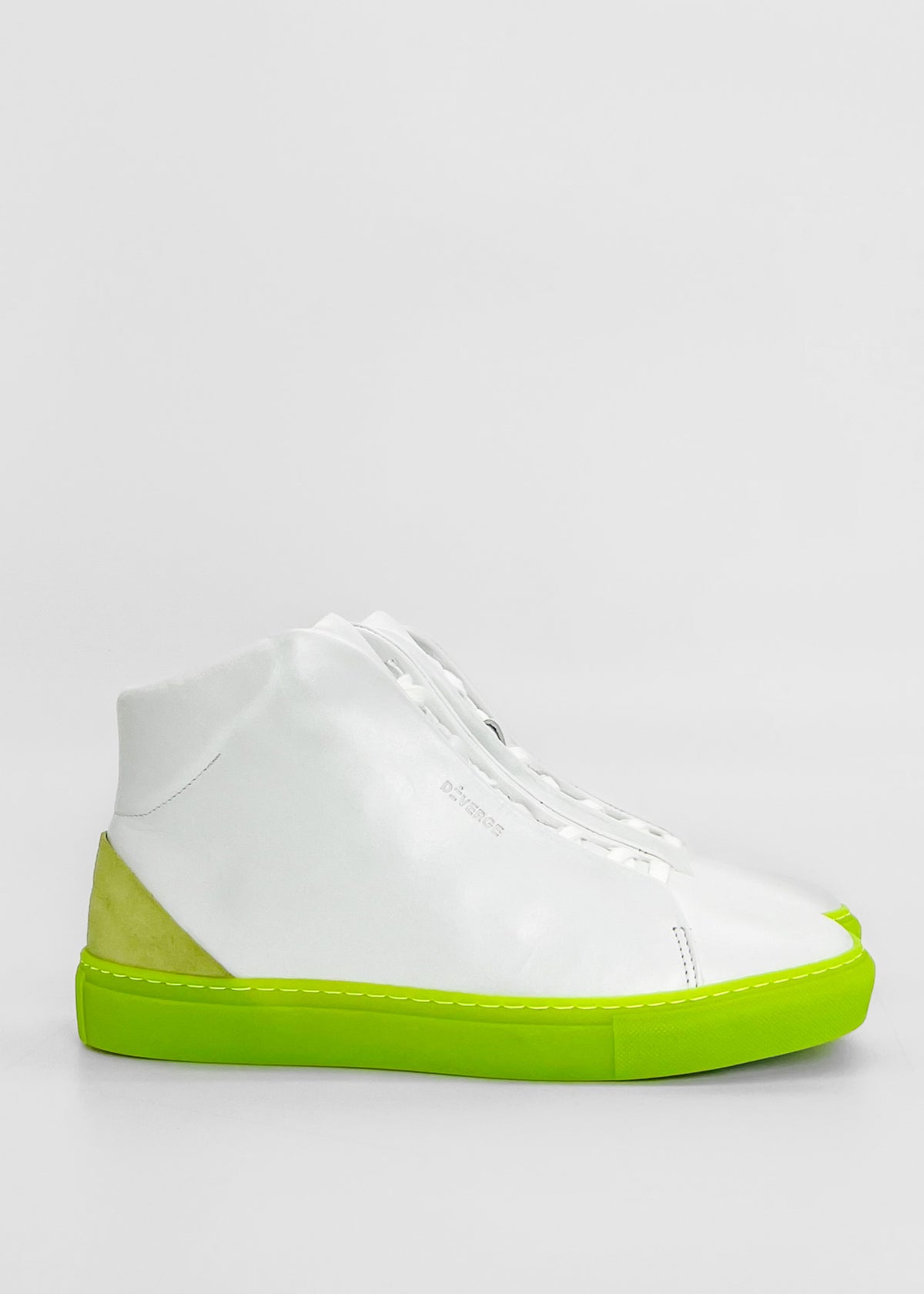 MH0100 White Leather / Lime high-top sneakers featuring bright green soles and heel accents, crafted from premium Italian leathers. Ethically made to order and handcrafted in Portugal, set against a plain white background.