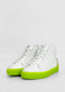 A pair of MH0100 White Leather / Lime with neon green soles and laces, crafted from premium Italian leathers and displayed against a plain white background.