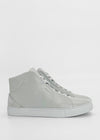 A pair of MH0111 Grey Leather high-top sneakers crafted from premium Italian leathers with white soles and laces, shown in a side view against a plain white background. Handcrafted in Portugal, these shoes are ethically made to order.