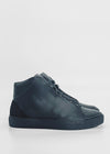 A pair of MH0109 Black Leather high-top sneakers with laces, handcrafted in Portugal using premium Italian leathers, viewed from the side against a plain white background.